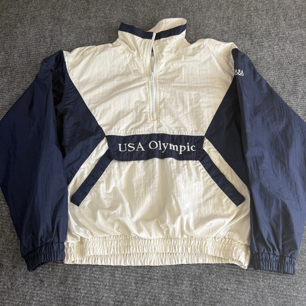 Vintage USA Olympic Windbreaker Jacket Mens Medium White Navy Blue 1/4 Zip